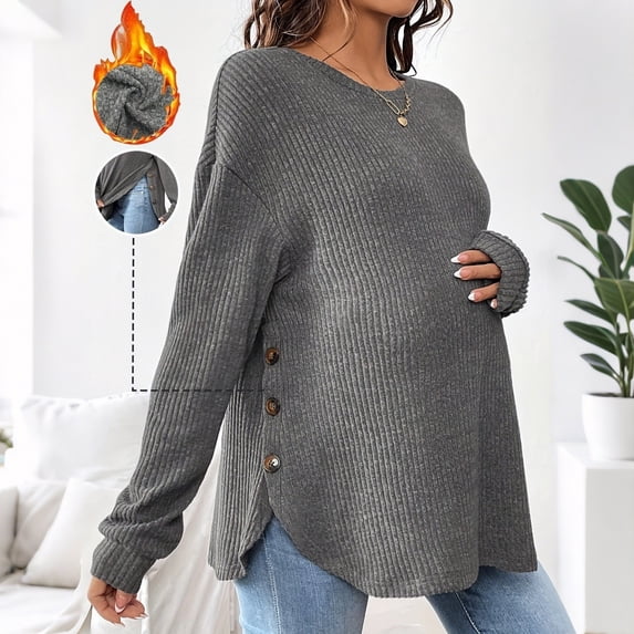 Women's Maternity Tops Long Sleeve Crew Neck Ribbed Knit Slim Fitted Blouse Side Ruched Pregnancy Shirts Gray XXL