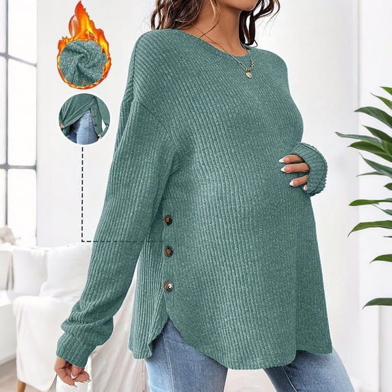 Women's Maternity Tops Long Sleeve Crew Neck Ribbed Knit Slim Fitted Blouse Side Ruched Pregnancy Shirts Green XL