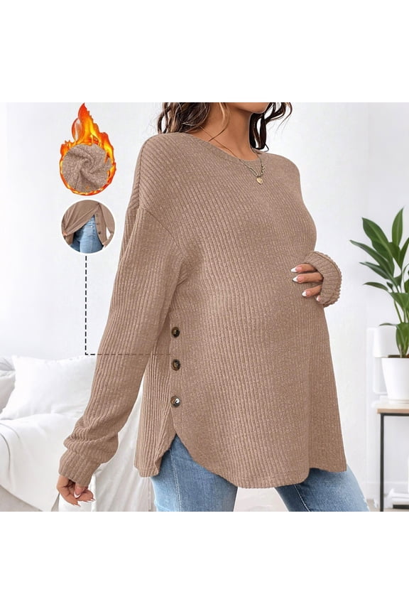 Women's Maternity Tops Long Sleeve Crew Neck Ribbed Knit Slim Fitted Blouse Side Ruched Pregnancy Shirts Khaki S