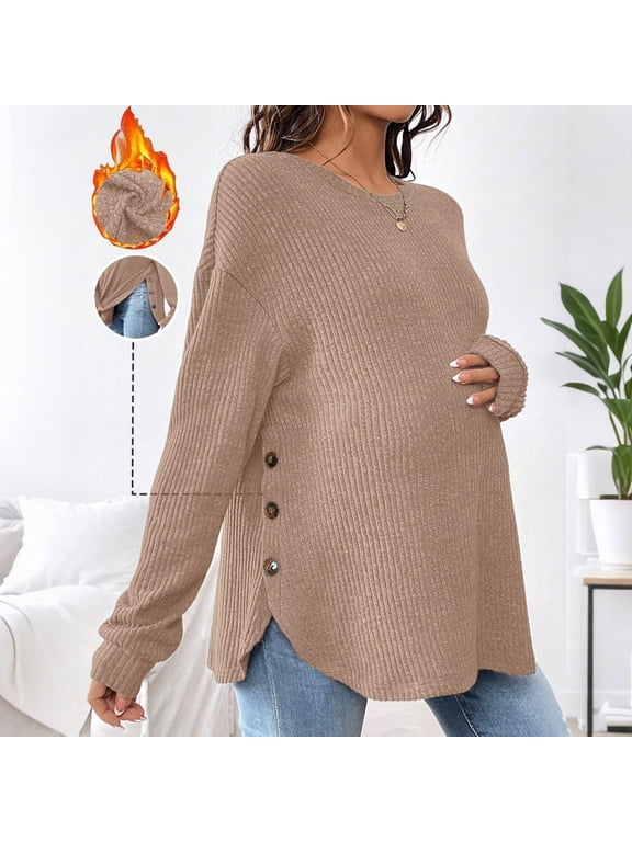 Women's Maternity Tops Long Sleeve Crew Neck Ribbed Knit Slim Fitted Blouse Side Ruched Pregnancy Shirts Khaki XL