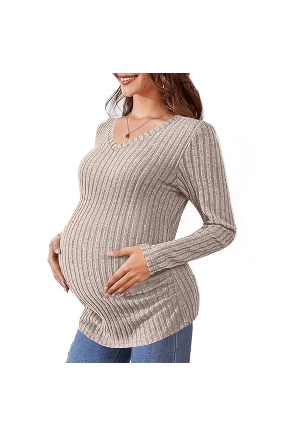 Women's Maternity Tops Long Sleeve Crew Neck Ribbed Knit Slim Fitted Blouse Side Ruched Pregnancy Shirts Khaki XXL