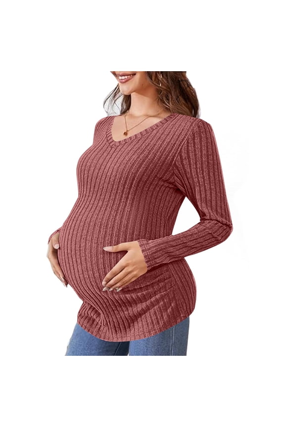 Women's Maternity Tops Long Sleeve Crew Neck Ribbed Knit Slim Fitted Blouse Side Ruched Pregnancy Shirts Red L