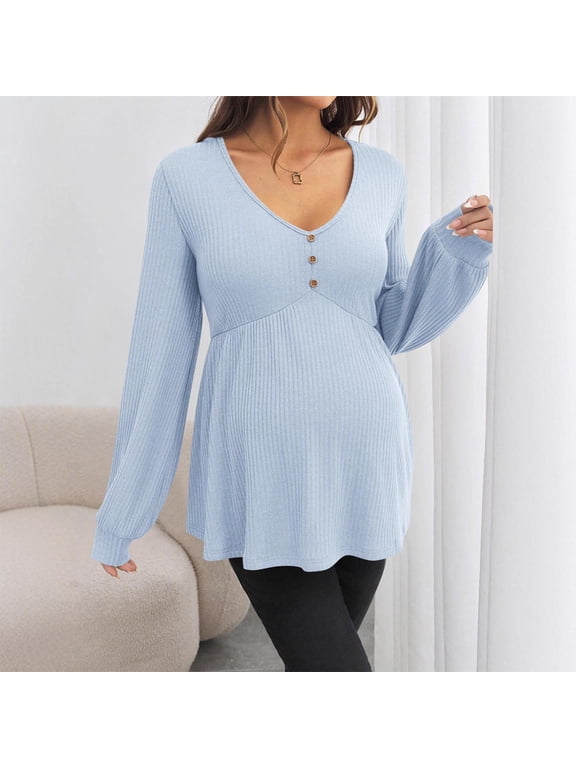 Women's Maternity Tops Pregnancy Shirts Long Sleeve Maternity Ribbed Sweaters Blue M