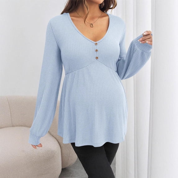 Women's Maternity Tops Pregnancy Shirts Long Sleeve Maternity Ribbed Sweaters Blue S