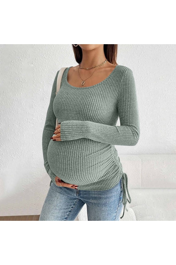 Women's Maternity Tops Pregnancy Shirts Long Sleeve Maternity Ribbed Sweaters Green S