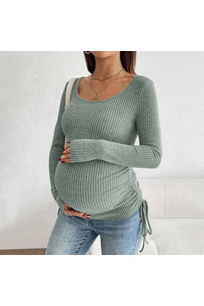 Women's Maternity Tops Pregnancy Shirts Long Sleeve Maternity Ribbed Sweaters Green S