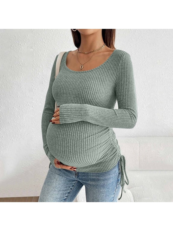 Women's Maternity Tops Pregnancy Shirts Long Sleeve Maternity Ribbed Sweaters Green S
