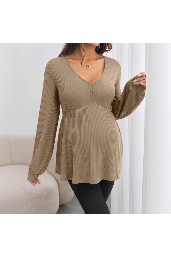 Women's Maternity Tops Pregnancy Shirts Long Sleeve Maternity Ribbed Sweaters Khaki L