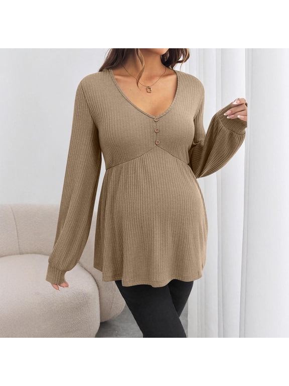 Women's Maternity Tops Pregnancy Shirts Long Sleeve Maternity Ribbed Sweaters Khaki L