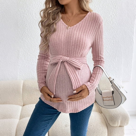 Women's Maternity Tops Pregnancy Shirts Long Sleeve Maternity Ribbed Sweaters Pink L