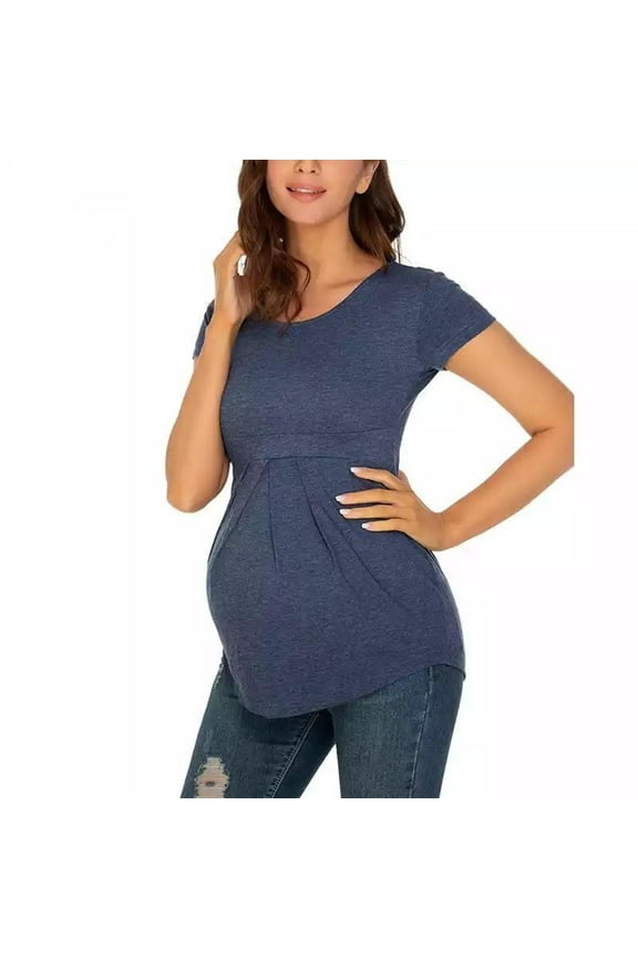 Women's Maternity Tops Short Sleeve Breastfeeding Pregnancy Top Crew Neck Tunic Maternity Clothes Navy L