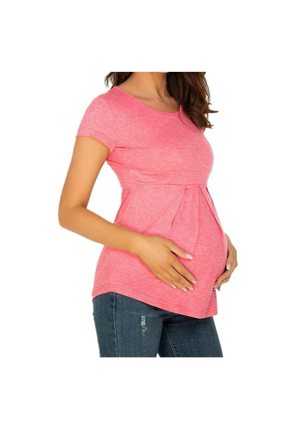 Women's Maternity Tops Short Sleeve Breastfeeding Pregnancy Top Crew Neck Tunic Maternity Clothes Pink XL