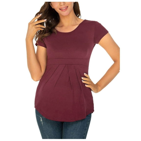Women's Maternity Tops Short Sleeve Breastfeeding Pregnancy Top Crew Neck Tunic Maternity Clothes Wine S