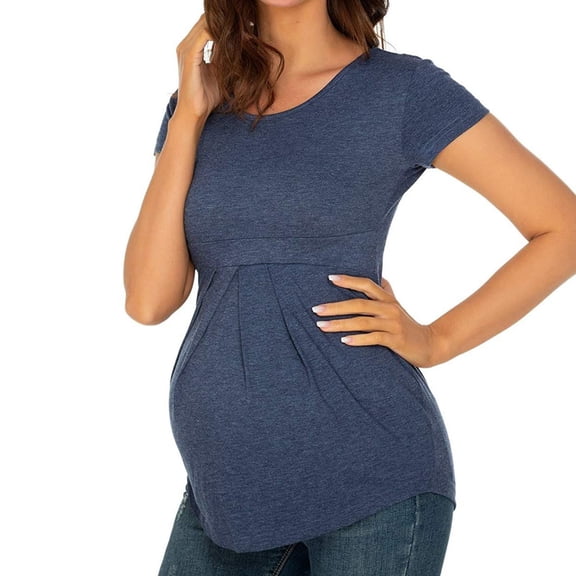 Women's Maternity Tops Short Sleeve Round Neck Front Pleat Peplum Tunic Top Breathable Stretchy Pregnancy Shirts Blue M