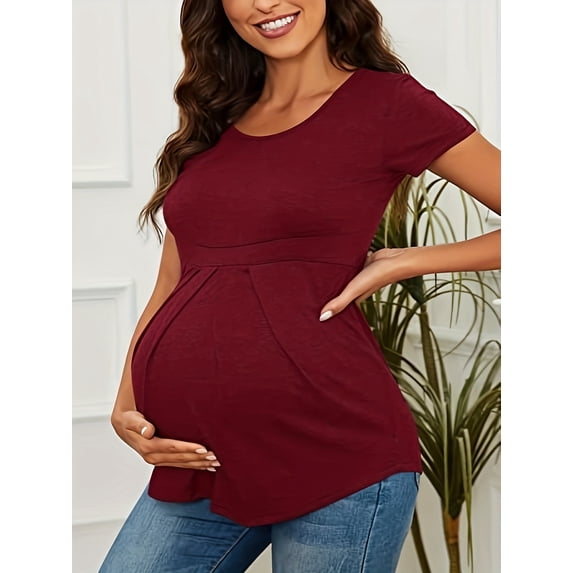 Yawrut Women's Fashionable Maternity Wear, Ruffled Pleated Elastic and Comfortable Wine red Short-Sleeved Maternity Top