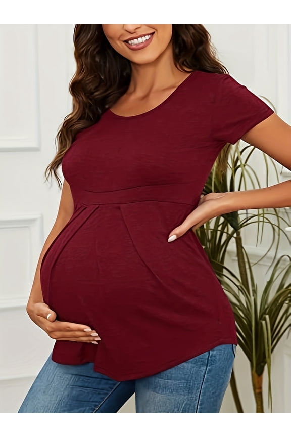 Women's Fashionable Maternity Wear, Ruffled Pleated Elastic and Comfortable Wine red Short-Sleeved Maternity Top