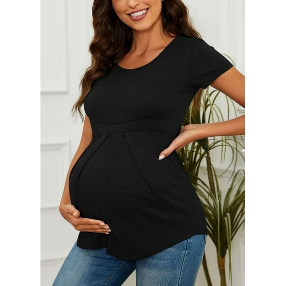 Yawrut Women's Fashionable Maternity Wear, Ruffled Pleated Elastic and Comfortable Black Short-Sleeved Maternity Top