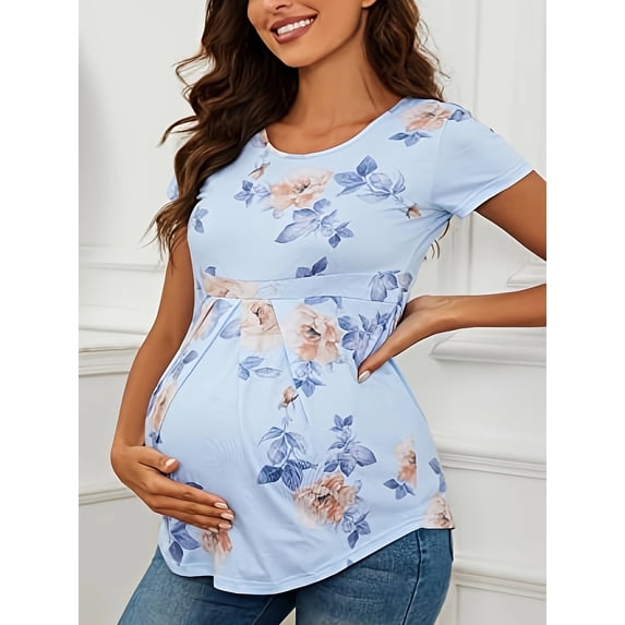 Yawrut Women's Fashionable Maternity Wear, Ruffled Pleated Elastic and Comfortable Blue Flowers Short-Sleeved Maternity Top