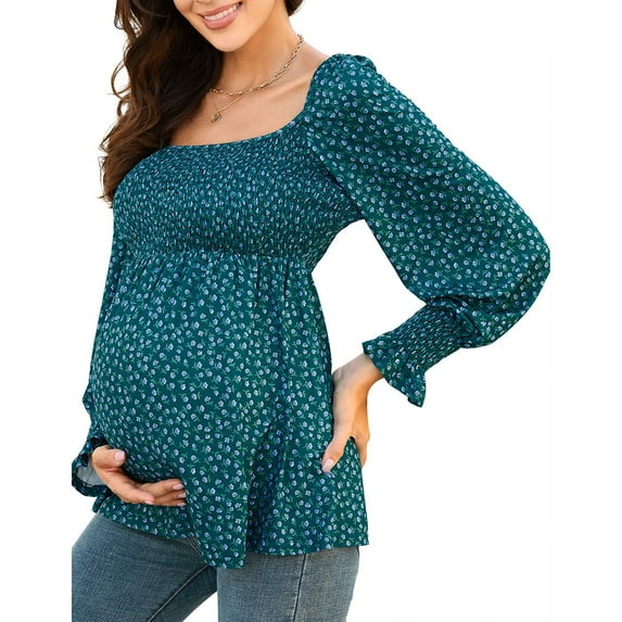 Women's Maternity Tops Square Neck Lantern Sleeve Smocked Babydoll Blouses