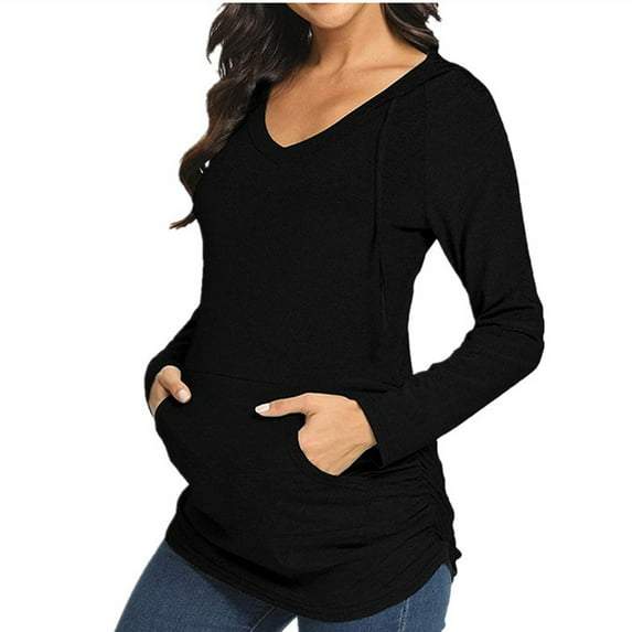 Women's Maternity Tops Tunic T-Shirt Pregnancy Clothes Fashion Women's Long Sleeve Breastfeeding Blouse Tops V-neck Solid Color Hoodie Tops Maternity Dress M