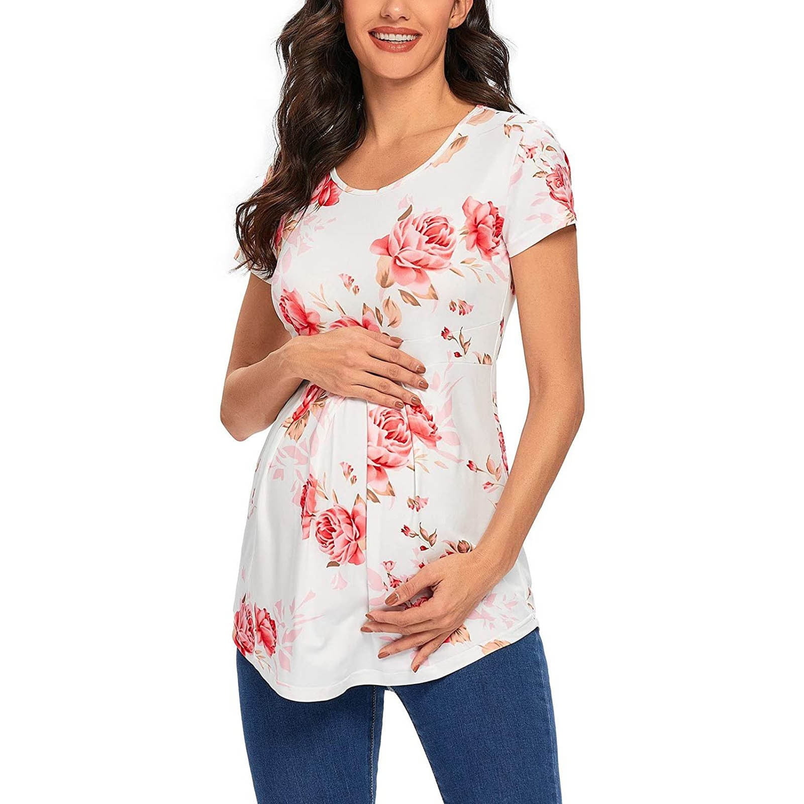 Women's Maternity Tops Tunic T-Shirt Pregnancy Clothes Ladies Fashion Flower Print Short Sleeve Pregnant Woman Casual Clothe Top