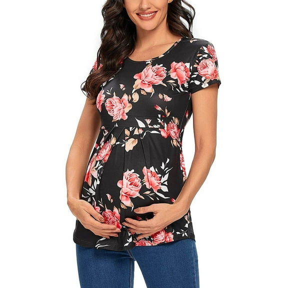 Women's Maternity Tops Tunic T-Shirt Pregnancy Clothes Ladies Fashion Flower Print Short Sleeve Pregnant Woman Casual Clothe Top