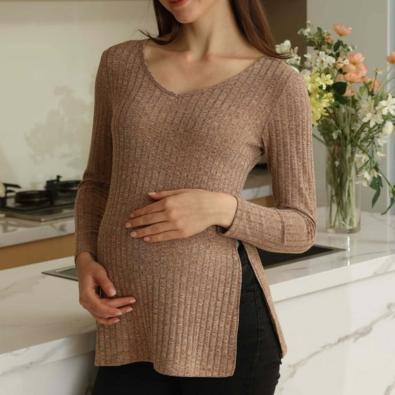 Women's Maternity Tunic Tee Solid Color Long Sleeve Pregnant Woman Casual Clothes Tops Khaki M