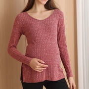 Womens Maternity Tunic Tee Solid Color Long Sleeve Pregnant Woman Casual Clothes Tops Watermelon Red XXL