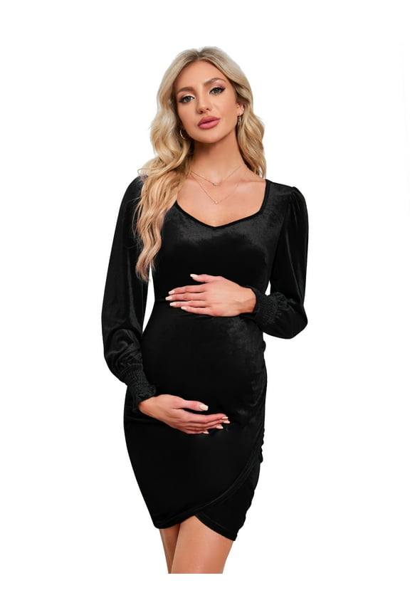 Women's Maternity Velvet Dress Bodycon Long Sleeve Sweetheart Ruched Wrap Split Cocktail Dress Photoshoot Baby Shower Burgundy, Black-2XL