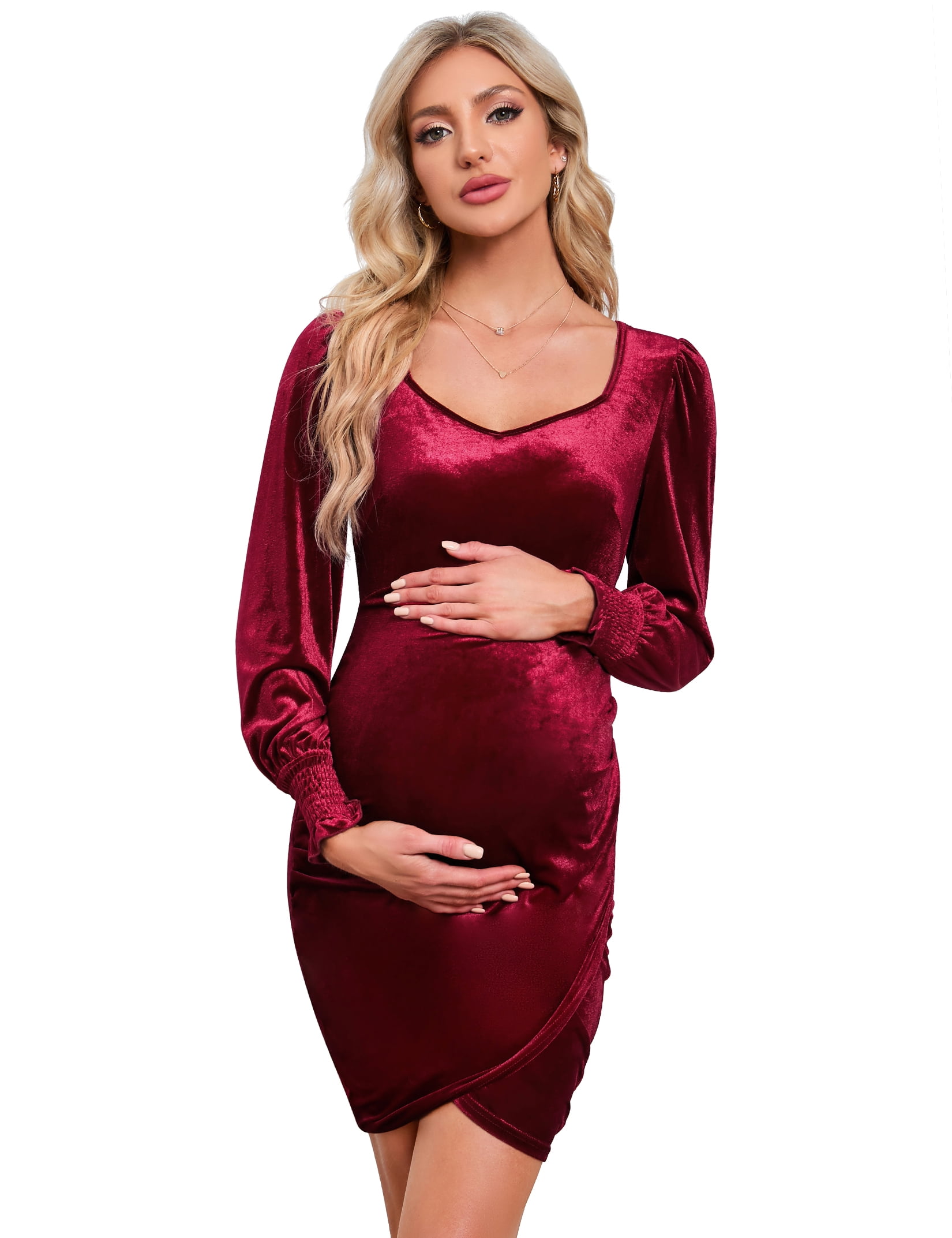 burgundy maternity dresses for photoshoot Kate Long Sleeve Satin Custom Maternity Photoshoot Gowns