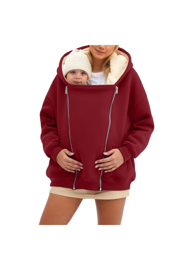 Women's Maternity Winter Coat Zip Up 2 in 1 Baby Wearing Jacket Fleece Fuzzy Oversized Solid Outerwear with Pockets Wine XXL