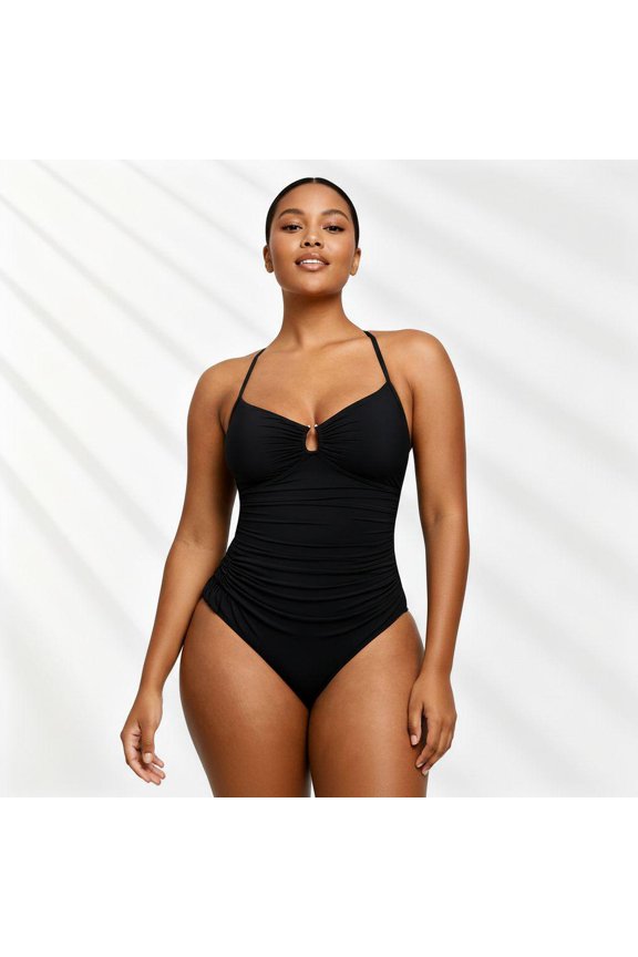 Women’s Matte Black Center Metal Ring Keyhole Gathered Bust Full Side Vertical Ruched Tummy Control One Piece Bathing Suit, Adjustable Thin Spaghetti Straps Removable Molded Bust Pads Moderate High C