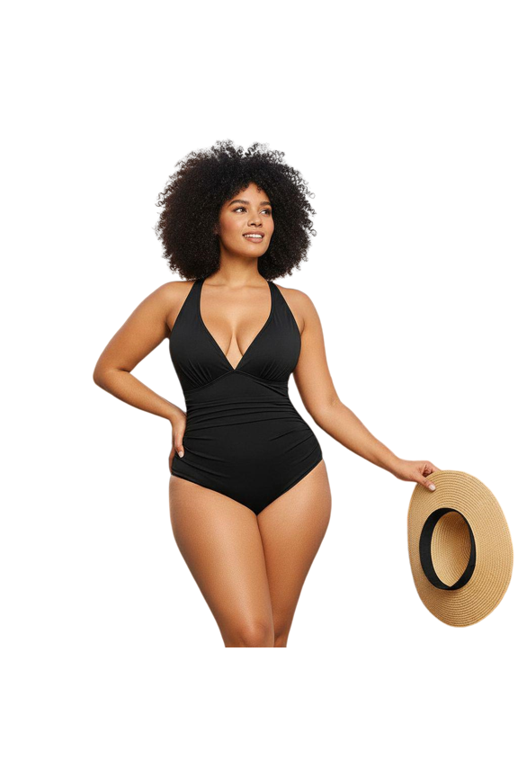 Women’s Matte Black Fixed Wrap Halter Neck Gathered Plunge V Vertical Side Ruched Tummy Control One Piece Bathing Suit, Removable Molded Bust Pads Moderate High Cut Leg Quick Dry Chlorine Resistant C