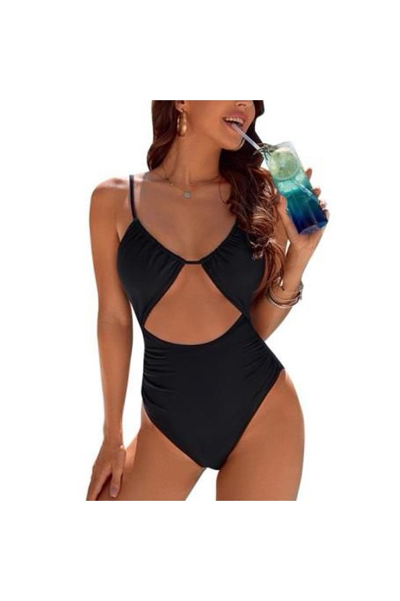 Women’s Matte Black Large Mid Tummy Cutout Gathered Bust Vertical Side Ruched Tummy Control One Piece Bathing Suit, Adjustable Thin Spaghetti Straps Removable Molded Bust Pads Moderate High Cut Leg Q