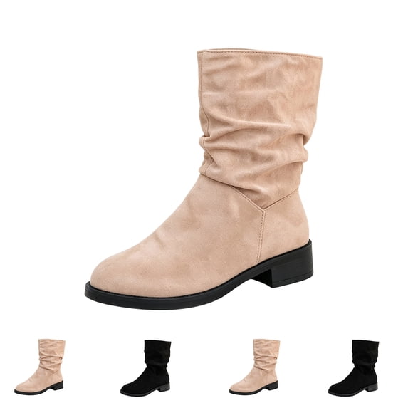 Women's Matte Faux Suede Ruched Mid Calf Boots Wear Resistant Anti Slip Rubber Sole Relaxed Fit Indoor Outdoor Ladies Fall Winter Dress Booties For Women