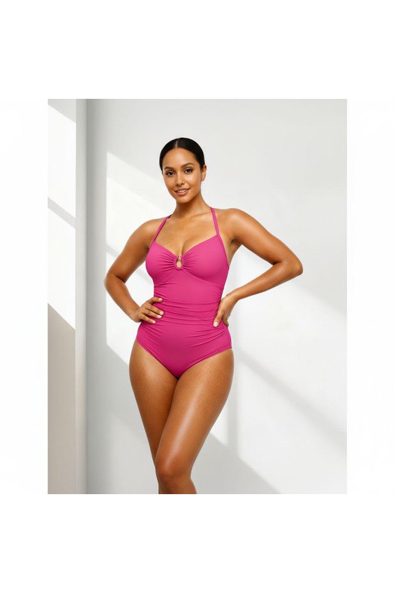 Women’s Matte Hot Pink Center Metal Ring Keyhole Gathered Bust Full Side Vertical Ruched Tummy Control One Piece Bathing Suit, Adjustable Thin Spaghetti Straps Removable Molded Bust Pads Moderate Hig