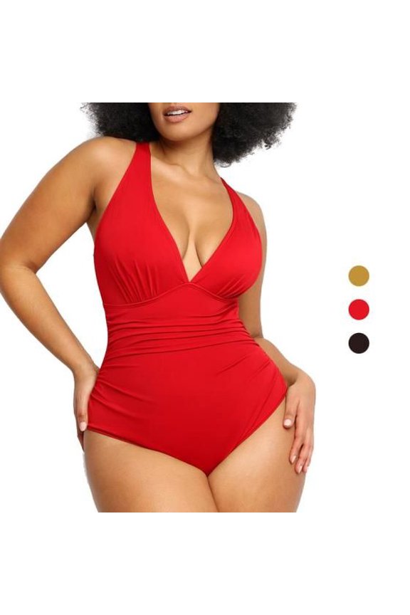 Women’s Matte Solid Red/Black/Gold Fixed Wrap Halter Neck Gathered Plunge V Vertical Side Ruched Tummy Control One Piece Bathing Suit, Removable Molded Bust Pads Moderate High Cut Leg Quick Dry Chlor