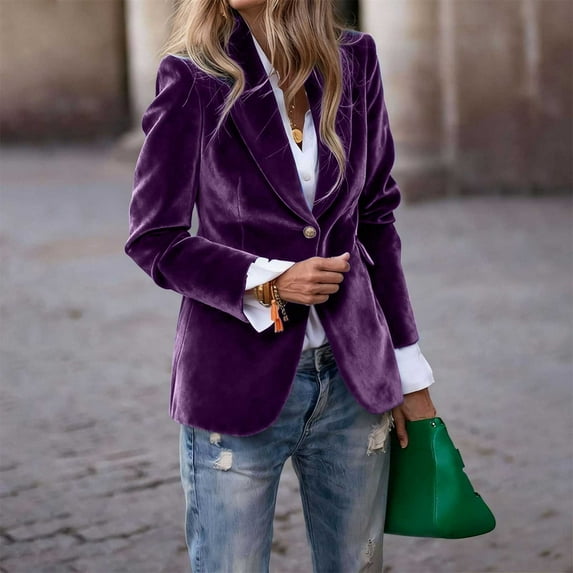 Women's Matte Velvet Blazer, Solid Color Suit Jacket with Subtle Sheen, Elegant Notch Lapel Work Coat, Fall Winter Office Wear, Sophisticated Velvet Finish Outerwear Dark Purple XXL