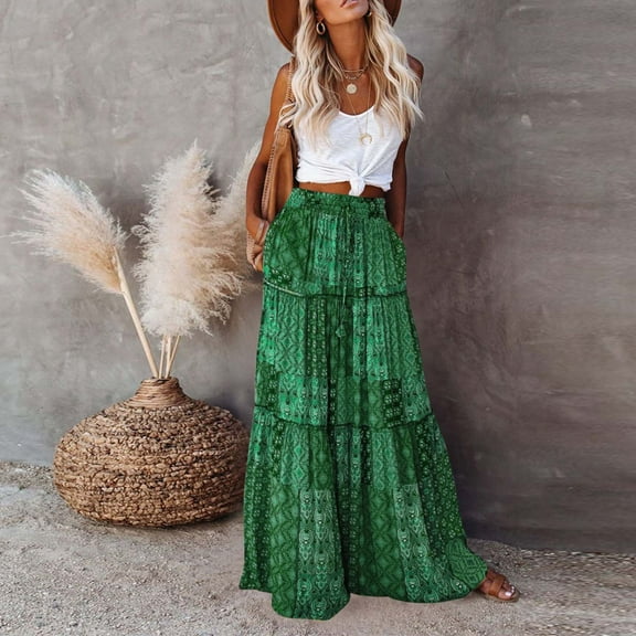 Women's Maxi Bohemian Style Skirts Summer Loose Fitting Long Skirts Casual High Waisted Half Length Skirt High Waist A-Line Flowy Ankle Skirt with Pocket