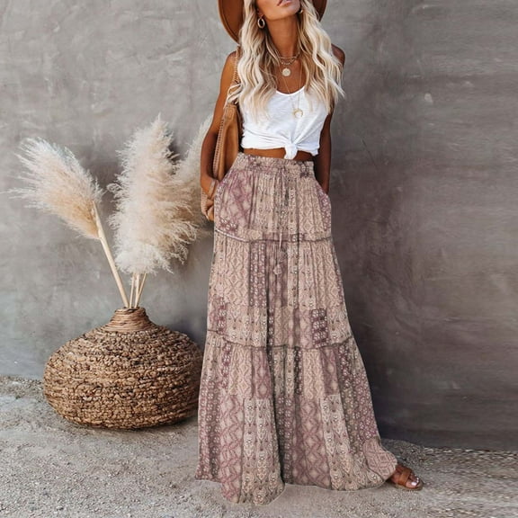 Women's Maxi Bohemian Style Skirts Summer Loose Fitting Long Skirts Casual High Waisted Half Length Skirt High Waist A-Line Flowy Ankle Skirt with Pocket