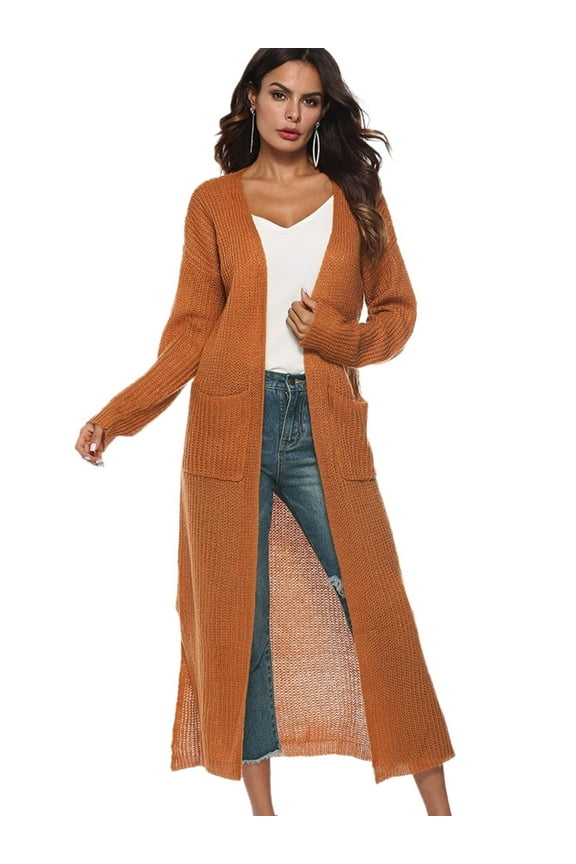 Women's Maxi Cardigan,Casual Long Sleeve Ankle-Length Flowy Open Front Drape Lightweight Duster Irregular Hem Thin Cardigan Sweater Knitted Coat Loose Longline Duster Coat,S-2XL Brown