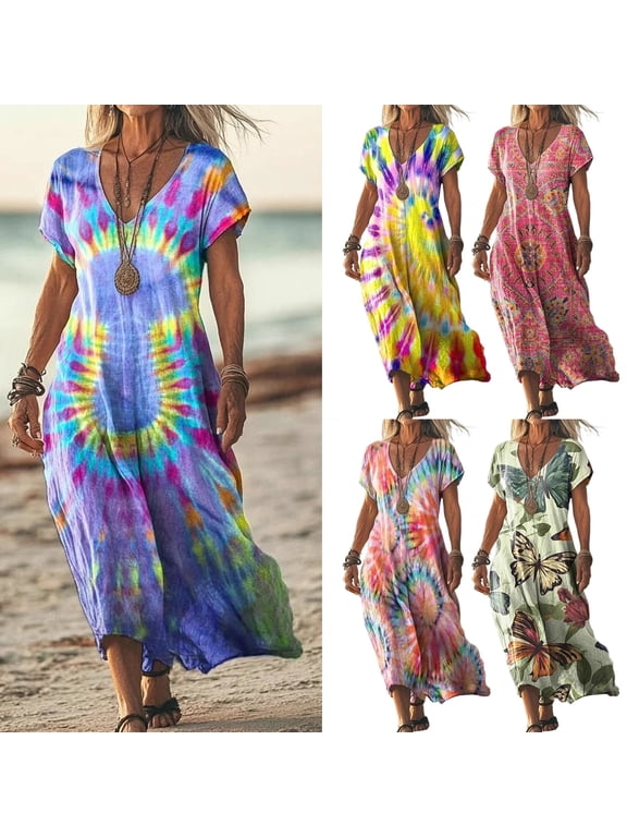 Women’s Maxi Dress Boho Floral Print Short Sleeve V Neck Dress Summer Flowy Beach Slim Fit Casual T shirt Dresses Hot Pink S