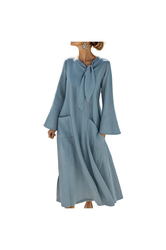 Women's Maxi Dress Casual Fall Bow Tie Collar Long Sleeve Dresses Oversized Dress Beach Wedding Guest Vacation Dresses Blue L