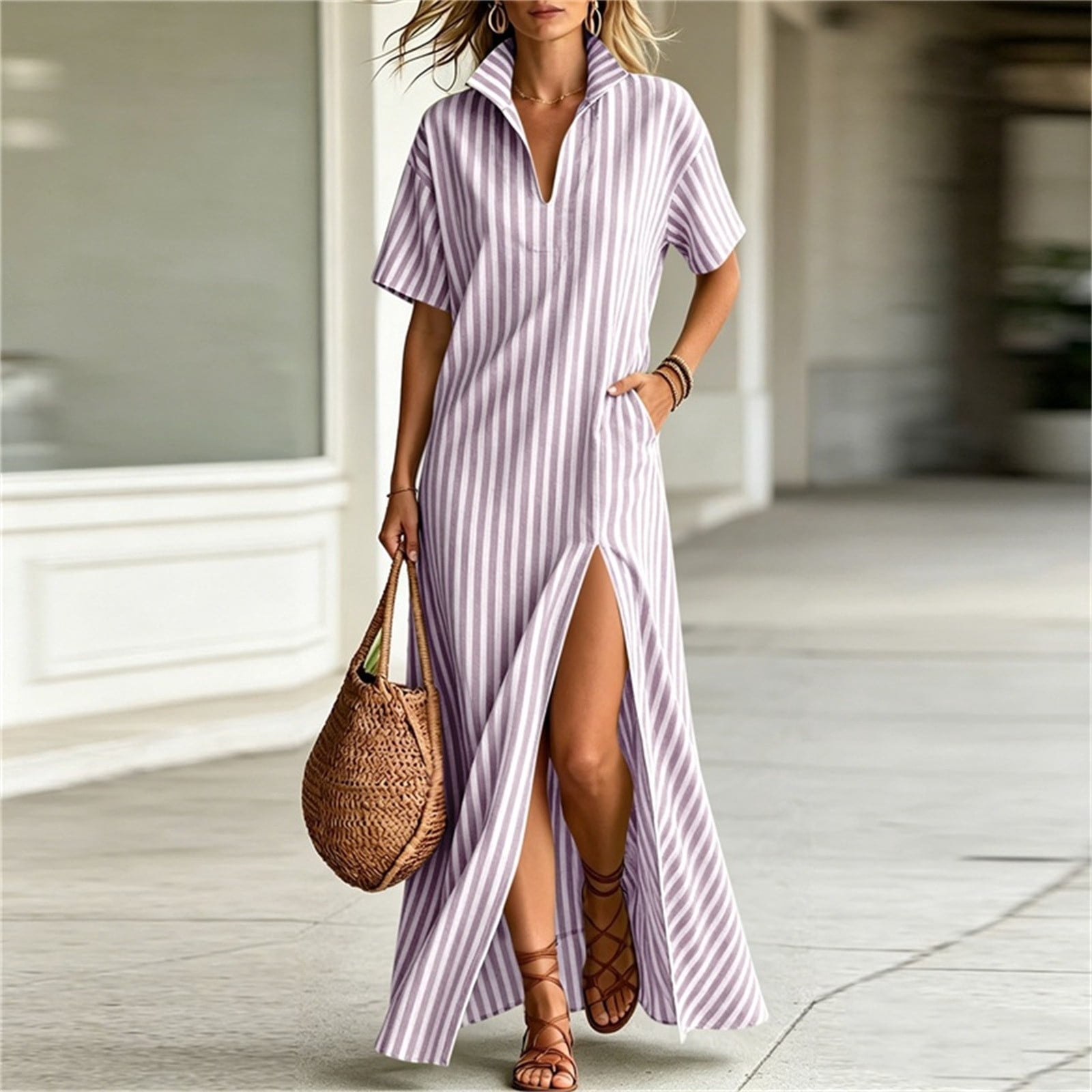 flowy resort dress Women's Maxi Dress, Casual V-Neck Short Sleeve Striped Print with Side Split, Lightweight for Summer Beach or Wear, 2026 New Limited-time Offer LAYLA K