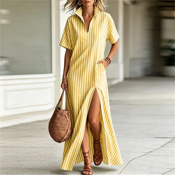 Women's Maxi Dress, Casual V-Neck Short Sleeve Striped Print with Side Split, Lightweight Flowy Dress for Summer Beach or Resort Wear, 2026 New Limited-time Offer