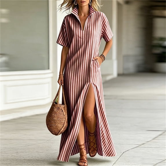 Women's Maxi Dress, Casual V-Neck Short Sleeve Striped Print with Side Split, Lightweight Flowy Dress for Summer Beach or Resort Wear, 2026 New Limited-time Offer