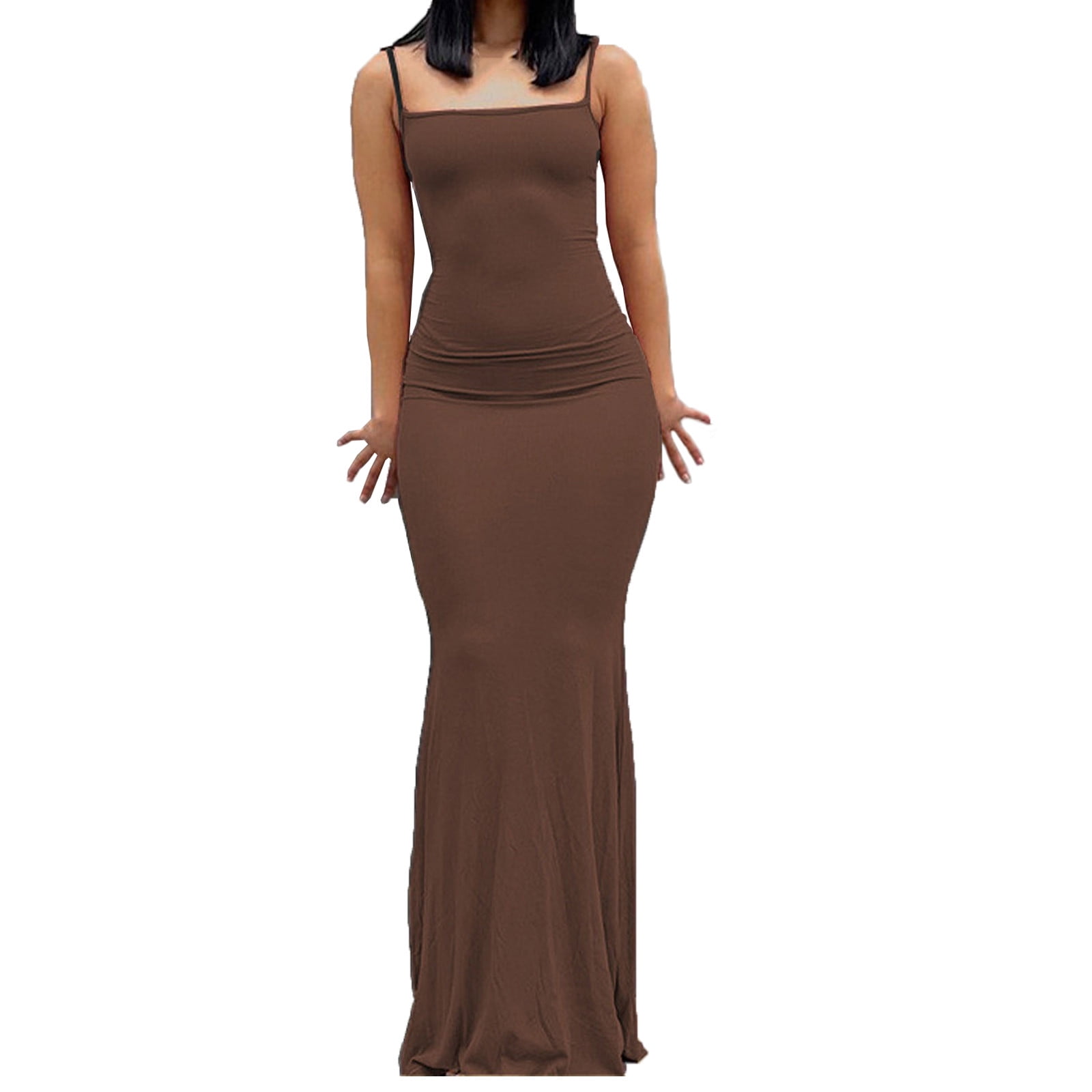 qILAKOG Women's Maxi Dress Slim Fit Spaghetti Strap Sleeveless Long Dresses Solid Color Bodycon Dress Sexy Fish Tail Dress Party Evening Prom Maxi
