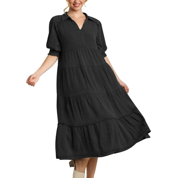 Women's Maxi Dress Elastic Short Puffed Sleeves Casual Patchwork Hem V-Neck Solid Color Flowy Dress for Summer Black S-3XL