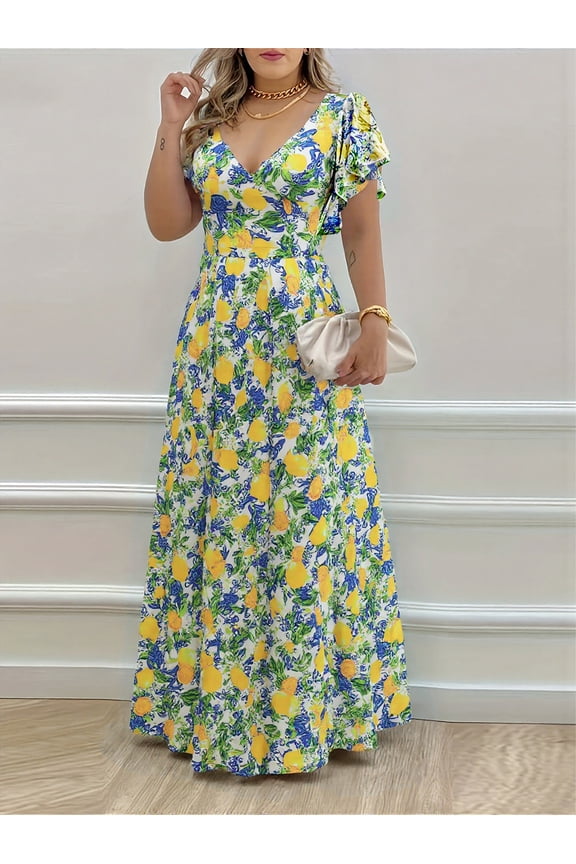 Women's Maxi Dress Empire Waist Lemon Floral Print Garden Party Floral Dress