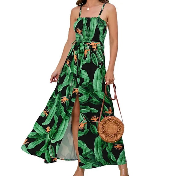 Women's Maxi Dress Holiday Party Summer Outfit Sleeveless Camisole Slit Dress Belted Sexy Streetwear-c-M